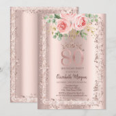 バラ,バラ金ゴールドグリッターフレームクラウン80番目の誕生日 招待状 (正面/裏面)