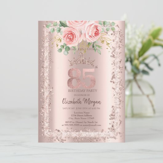 バラ,バラ金ゴールドグリッターフレームクラウン85番目の誕生日 招待状 (スタンド正面)