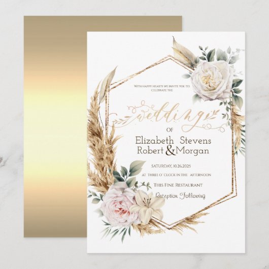 バラ+パンパスグラス+ゴールドフレームの結婚式 招待状 (正面/裏面)