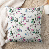 バラ – ピンクのバラと青い花の上に白 クッション (ブランケット)