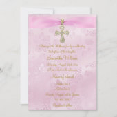 バラ、ピンクリボン&金ゴールドクロスバプテスマ 招待状 (正面)