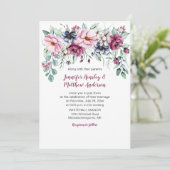 バラ、ピンク、青い水色のフローラドロップ結婚ズ 招待状 (スタンド正面)