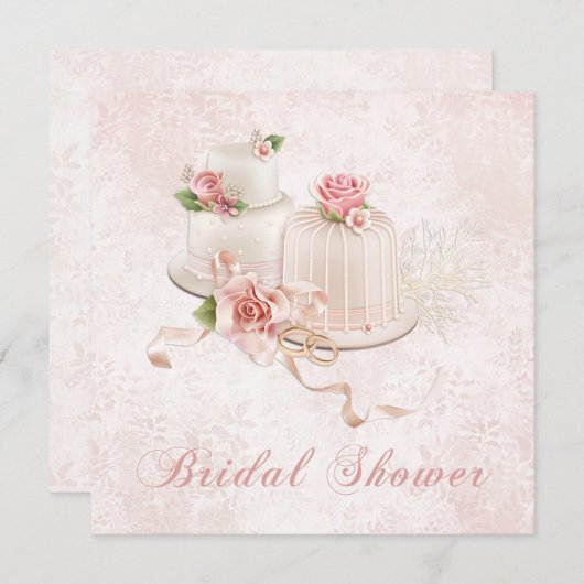 バラ、ブライダルシャワーが付いている赤面のウエディングケーキ 招待状 (正面/裏面)