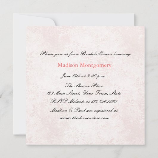 バラ、ブライダルシャワーが付いている赤面のウエディングケーキ 招待状 (裏面)