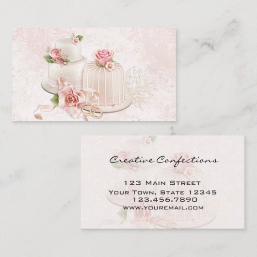 バラ、ベーカリーが付いている赤面のウエディングケーキ 名刺 (正面/裏面)