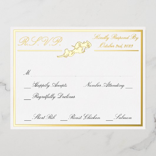 バラ、ホワイトウェディングRSVP金ゴールド 箔招待状ポストカード (正面)