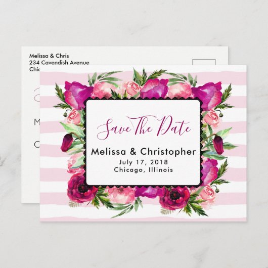 バラ&ポピーフローラブーケウェディング日付を保存 案内ポストカード (正面/裏面)