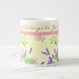 バラ、ラベンダー、モックオレンジ色の水彩パターン ジャンボコーヒーマグカップ