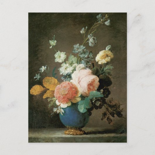バラ、ランナクルスその他の花 – 青い花瓶 ポストカード (正面)