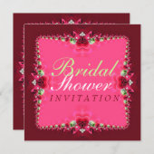 バラ+レースホットピンクブライダルシャワー招待 招待状 (正面/裏面)