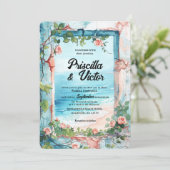 バラ、ヴィンテージウォールと海ビーチ結婚式 招待状 (スタンド正面)