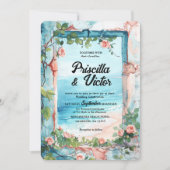 バラ、ヴィンテージウォールと海ビーチ結婚式 招待状 (正面)