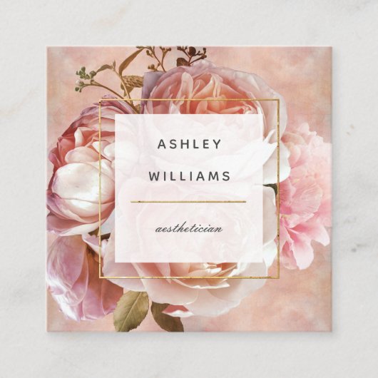 バラ&牡丹QRコードエレガントモダンフローラスクエア スクエア名刺 (正面)