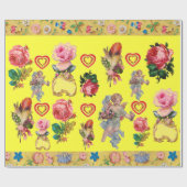バラ、花、羽、天使と黄色のハート ラッピングペーパー (フラット)