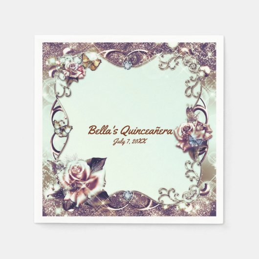 バラ&蝶ブロンズキンセニェラパーティー スタンダードカクテルナプキン (正面)