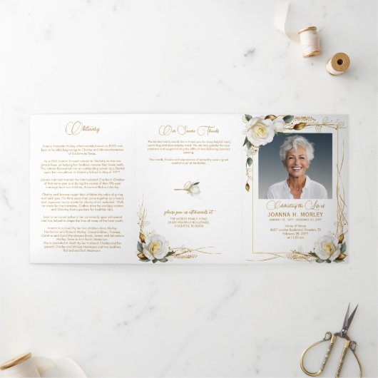 バラ&金ゴールドフローラ6写真詩葬儀プログラム 三つ折りプログラム (外部)