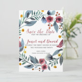 バラ、黄、青のフローラ日付の保存 招待状 (スタンド正面)