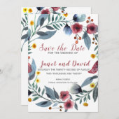 バラ、黄、青のフローラ日付の保存 招待状 (正面/裏面)