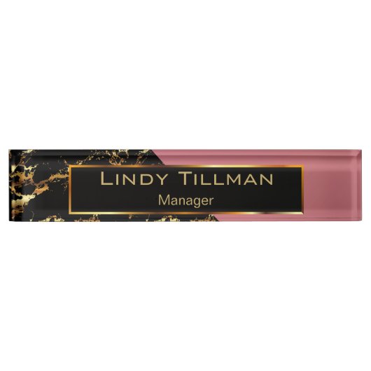 バラ、黒と金ゴールド大理石 デスクネームプレート (正面)