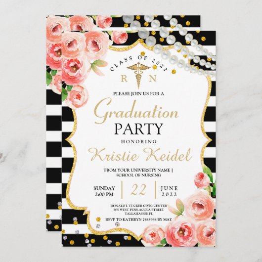 バラ&Perl看護学校卒業招待状 招待状 (正面/裏面)