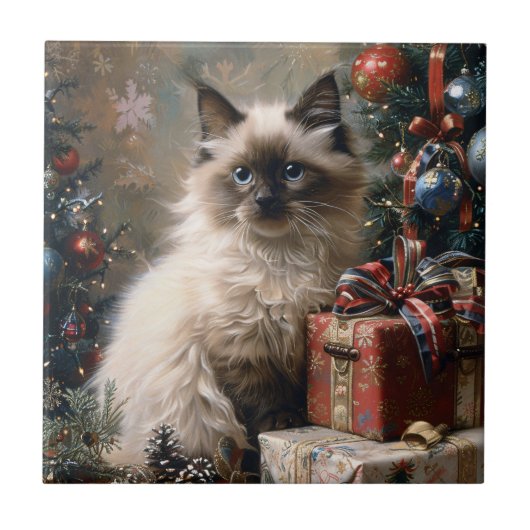 バリの子猫クリスマスキャットポートレートアート タイル (正面)