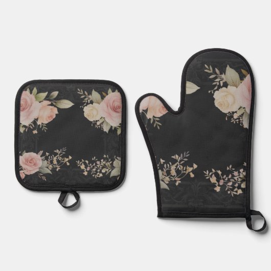 バリアント様式の薔薇とスクロール文様 鍋つかみ&鍋敷きセット (正面)