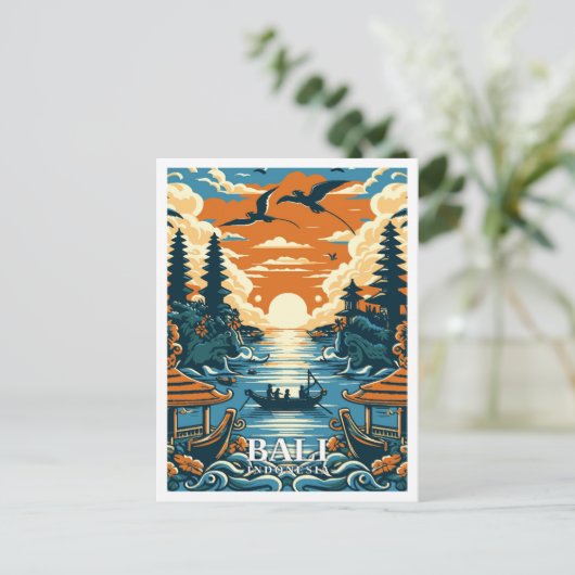 バリインドネシアアートヴィンテージトラベルイラストレーション ポストカード (スタンド正面)