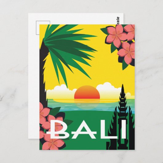 バリインドネシアヴィンテージ旅行スタイルイラストレーション ポストカード (正面/裏面)