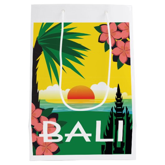 バリインドネシアヴィンテージ旅行スタイルイラストレーション ミディアムペーパーバッグ (裏面)