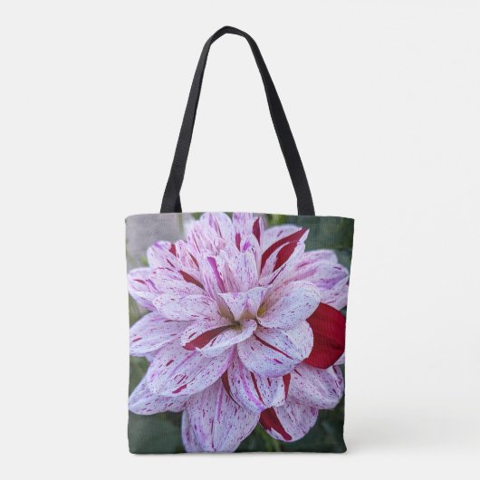 バリエ赤と白ットダリア開花フローラ トートバッグ (裏面)