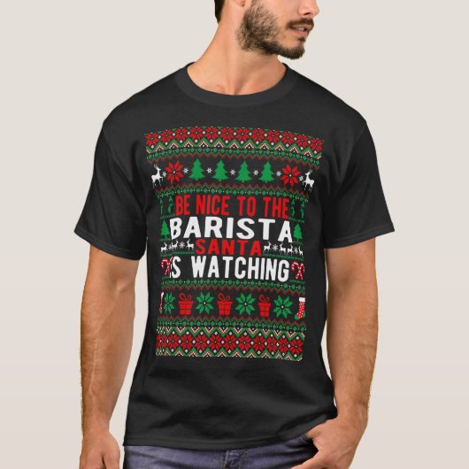 バリスタサンタがクリスマスを見ているのに優しい Tシャツ (正面)