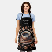 バリスタ白黒カップコーヒー豆名スクリプト エプロン (着用した状態)