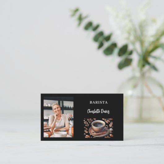 バリスタ黒写真QRコードコーヒーカップ 名刺 (スタンド正面)