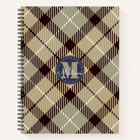 バリモダンウッドグレータータンチェックジーンズモノグラム名 ノートブック (正面)