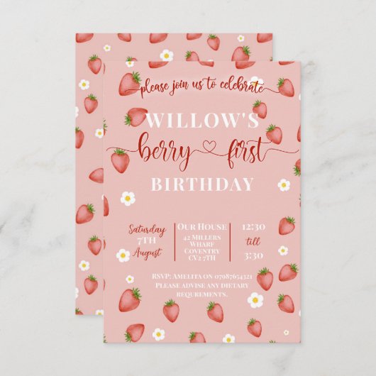 バリーファーストのいちごをテーマにした誕生日招待状 招待状 (正面/裏面)