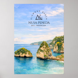 バリ島のダイヤモンドビーチの水彩画 ターコイズブルーの海 ポスター