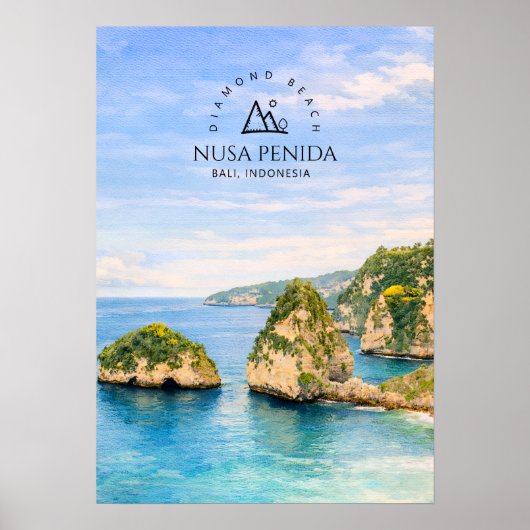 バリ島のダイヤモンドビーチの水彩画 ターコイズブルーの海 ポスター (正面)
