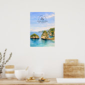 バリ島のダイヤモンドビーチの水彩画 ターコイズブルーの海 ポスター (キッチン)