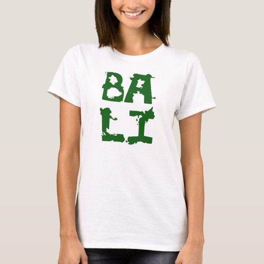 バリ島の女性のための白いTシャツの緑の文字 Tシャツ (正面)
