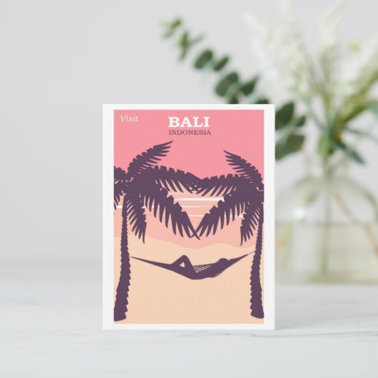 バリ島インドネシアピンクヴィンテージ旅行ポスター ポストカード (スタンド正面)