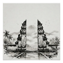 バリ島インドネシア墨絵風景 ポスター