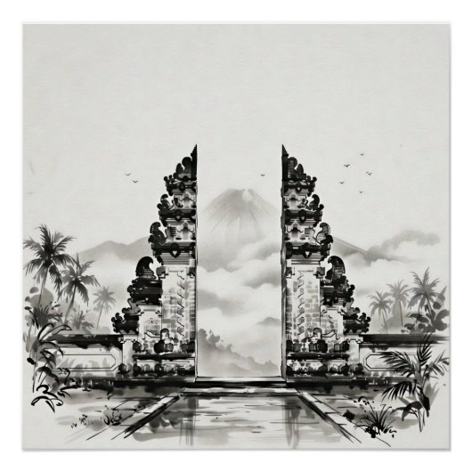 バリ島インドネシア墨絵風景 ポスター (正面)