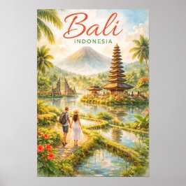 バリ島インドネシア水彩画トロピカル旅行 ポスター