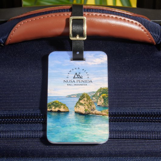 バリ島ダイヤモンドビーチのターコイズブルーな海の水彩画 ラゲッジタグ (正面インサイチュ2)
