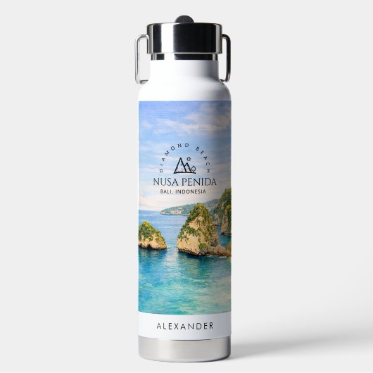 バリ島ダイヤモンドビーチの水彩画ターコイズブルーの海 ウォーターボトル (正面)