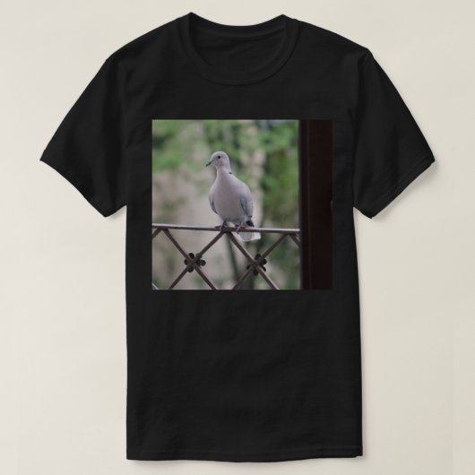 バルコニーでの鳩の鳥の写真撮影ポートレート Tシャツ (デザイン正面)