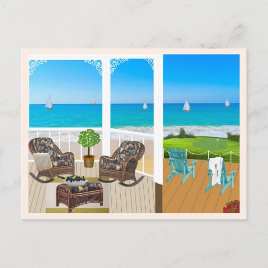 バルコニーとビーチと海の景色のポストカード ポストカード (正面)