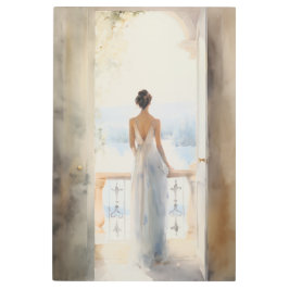 バルコニーのセレニティ：水の色レイクビュー メタルプリント