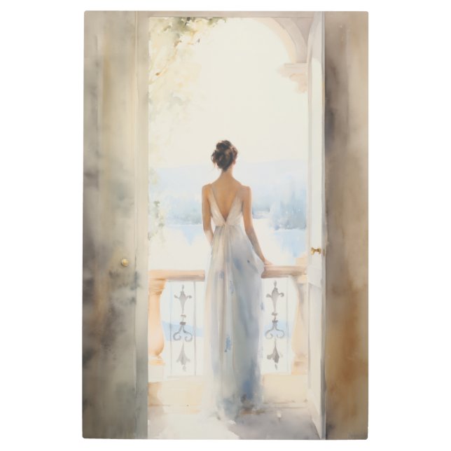 バルコニーのセレニティ：水の色レイクビュー メタルプリント (正面)