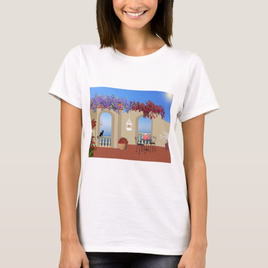 バルコニー外の花のテーブル 静けさ 海辺 Tシャツ (正面)